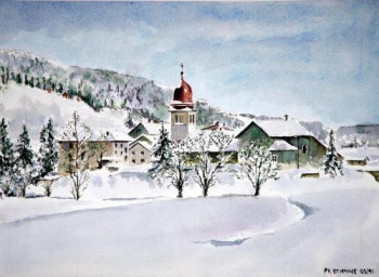 Zeitgenössisches Werk mit dem Titel « Village du Jura sous la neige », Erstellt von PHILIPPE ETIENNE