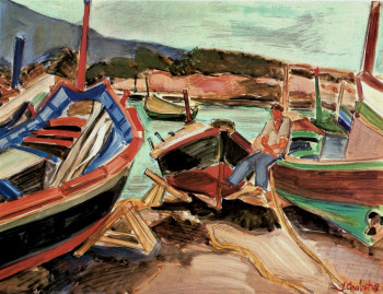 Zeitgenössisches Werk mit dem Titel « Pêcheur et barques-Algérie », Erstellt von JEAN CHABOT