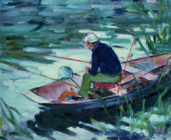 Zeitgenössisches Werk mit dem Titel « Le pêcheur à Coulon - Marais poitevin », Erstellt von JEAN CHABOT