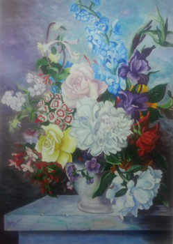 Zeitgenössisches Werk mit dem Titel « Bouquet de fleurs sur table marbré et fond Pastel », Erstellt von BOUTIN