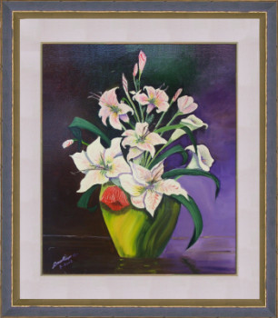 Zeitgenössisches Werk mit dem Titel « Bouquet de lys sur fond aux teintes violet & vert », Erstellt von BOUTIN