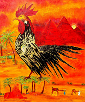 Zeitgenössisches Werk mit dem Titel « LE COQ ROI AU PIED DES PYRAMIDES », Erstellt von MARIE-FRANCE BUSSET