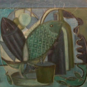 Zeitgenössisches Werk mit dem Titel « Poissons et Bouteilles 1 », Erstellt von JACQUELINE GROUT