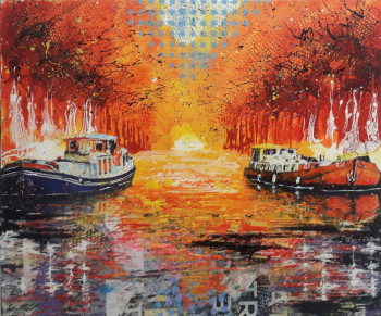 Zeitgenössisches Werk mit dem Titel « Peniches orange et bleue sur le Canal du Midi », Erstellt von JEAN-MICHEL CANAL