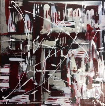 Zeitgenössisches Werk mit dem Titel « Abstract black white red and silver gray », Erstellt von ERACAMA