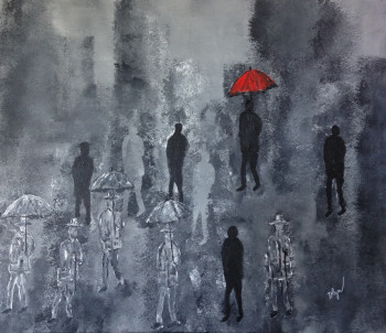 Zeitgenössisches Werk mit dem Titel « L'homme au parapluie rouge », Erstellt von DELZENNE