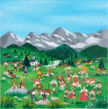 Zeitgenössisches Werk mit dem Titel « Transhumance au Tyrol/Transhumance in Tyrol », Erstellt von YOLANDE SALMON-DUVAL