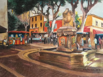 Zeitgenössisches Werk mit dem Titel « PLACE DU MARCHÉ ET SA FONTAINE 2 », Erstellt von JACQUES TAFFOREAU