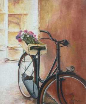 Zeitgenössisches Werk mit dem Titel « Le vélo et le cageot de fleurs », Erstellt von DOMINIQUE PINEAU