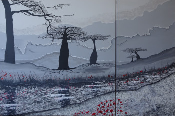 Zeitgenössisches Werk mit dem Titel « Baobabs au lac - diptyque  », Erstellt von MILEG