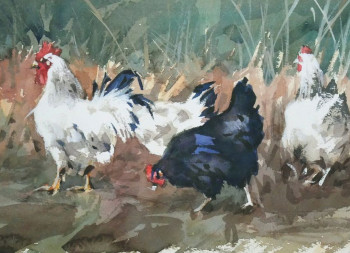 Zeitgenössisches Werk mit dem Titel « Coq et poules  (Vendu) », Erstellt von ARNOULD   -