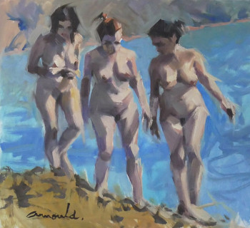 Zeitgenössisches Werk mit dem Titel « Trois naturistes à la plage (huile sur papier 46 x 38) », Erstellt von ARNOULD   -