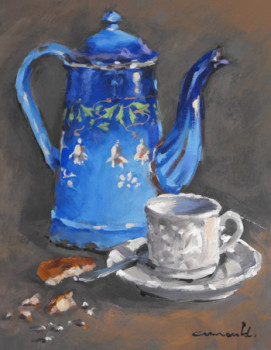 Zeitgenössisches Werk mit dem Titel « Vieille cafetière bleue (huile sur carton 35 x 27).jpg », Erstellt von ARNOULD   -