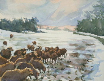 Zeitgenössisches Werk mit dem Titel « Moutons dans la neige (aquarelle 24 x 19). », Erstellt von ARNOULD   -