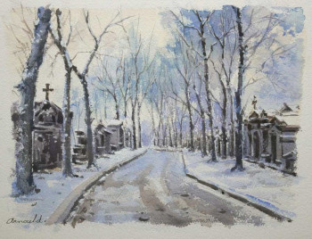 Zeitgenössisches Werk mit dem Titel « L'hiver au Père Lachaise (aquarelle 35 x 27) », Erstellt von ARNOULD   -