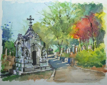 Zeitgenössisches Werk mit dem Titel « Cimetière du père Lachaise (aquarelle 33 x 24) », Erstellt von ARNOULD   -