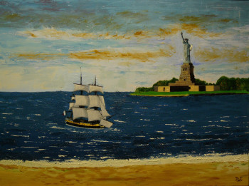 Zeitgenössisches Werk mit dem Titel « La statue de la Liberté saluant la venue de l'Hermione à New-York », Erstellt von PICH