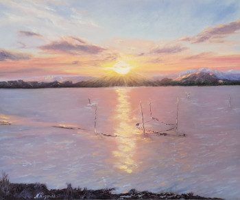 Zeitgenössisches Werk mit dem Titel « Coucher de soleil Etang de LEUCATE », Erstellt von NADYA RIGAILL