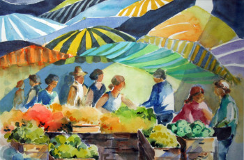 Zeitgenössisches Werk mit dem Titel « Sous les Parasols du Marché (20-002) », Erstellt von JACQUELINE PELON