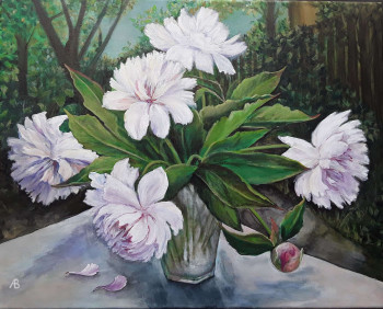 Zeitgenössisches Werk mit dem Titel « branche de Pivoine dans le jardin », Erstellt von ALEKSANDRA