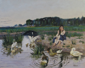 Zeitgenössisches Werk mit dem Titel « Jeune fille s'occupant d'oies », Erstellt von REBER KAROL