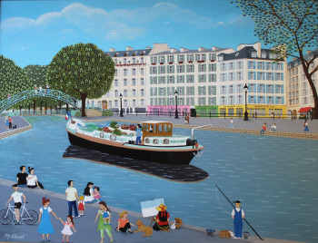 Zeitgenössisches Werk mit dem Titel « SOUVENIR D ENFANCE - LE CANAL ST MARTIN », Erstellt von MARTINE CLOUET