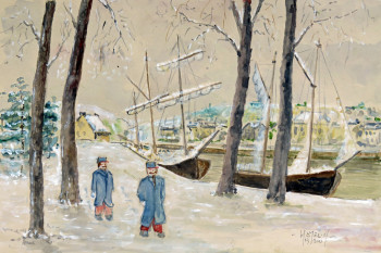 Zeitgenössisches Werk mit dem Titel « Les allées de Locmaria à Quimper sous la neige. », Erstellt von MICHEL HAMELIN