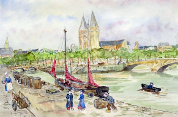 Zeitgenössisches Werk mit dem Titel « Quai du port aux vins à Quimper 1 », Erstellt von MICHEL HAMELIN