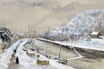 Zeitgenössisches Werk mit dem Titel « Neige sur le port de Quimper au XIX ème siècle », Erstellt von MICHEL HAMELIN