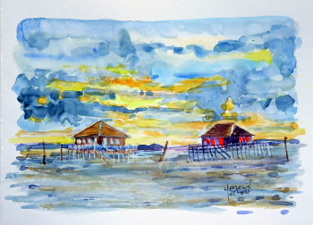 Zeitgenössisches Werk mit dem Titel « Cabanes tchanquées sur le bassin d'arcachon », Erstellt von MICHEL HAMELIN