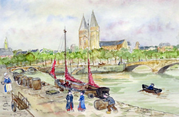 Zeitgenössisches Werk mit dem Titel « Quai du port aux vins à Quimper 2 », Erstellt von MICHEL HAMELIN