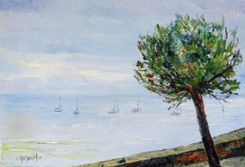 Zeitgenössisches Werk mit dem Titel « Pin et brume sur le bassin d'Arcachon », Erstellt von MICHEL HAMELIN