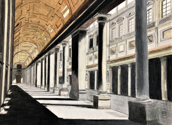 Zeitgenössisches Werk mit dem Titel « Galerie des offices à Florence », Erstellt von PIRDESSINS