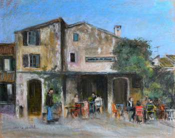 Zeitgenössisches Werk mit dem Titel « café de la place à Eygalières », Erstellt von CORINNE QUIBEL