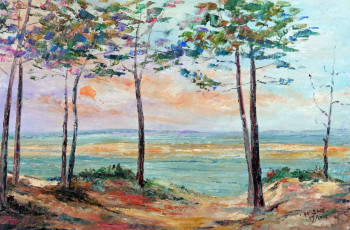 Zeitgenössisches Werk mit dem Titel « Arcachon soleil couchant sur le ban d'Arguin », Erstellt von MICHEL HAMELIN