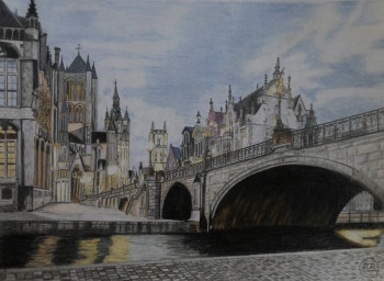 Zeitgenössisches Werk mit dem Titel « Pont Saint-Michel à Gand - Sint-Michielsbrug in Gent. », Erstellt von PIRDESSINS