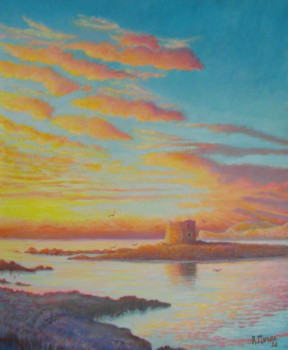 Zeitgenössisches Werk mit dem Titel « Les iles de la Méditerranée ( 4 ); Isola  della torre au coucher du soleil », Erstellt von AMALIA MEREU