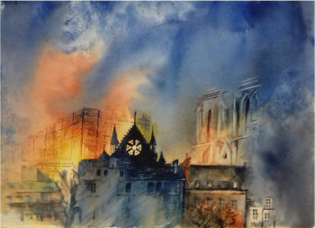 Zeitgenössisches Werk mit dem Titel « Notre Dame de Paris brûle », Erstellt von MONIQUE FESQUET