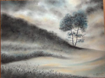 Zeitgenössisches Werk mit dem Titel « Paysage en gris-bleu », Erstellt von LAILA STAUFFERT