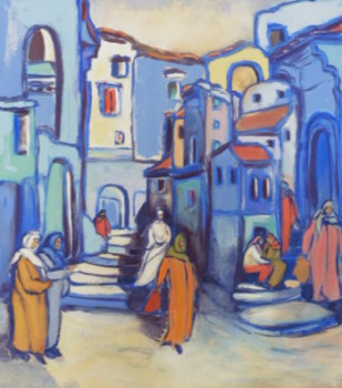 Zeitgenössisches Werk mit dem Titel « CHEFCHOUEN VILLE PEINTE EN BLEU - MAROC », Erstellt von MARLEEN MELENS