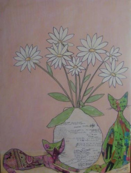 Zeitgenössisches Werk mit dem Titel « Bouquet aux chats », Erstellt von DEVAREWAERRE RéGINE