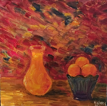 Zeitgenössisches Werk mit dem Titel « Nature morte bouteille et mandarines », Erstellt von KOZAR