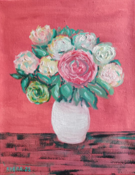 Zeitgenössisches Werk mit dem Titel « Roses dans un vase blanc », Erstellt von KOZAR