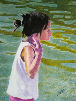 Zeitgenössisches Werk mit dem Titel « La petite fille songeuse au bord de l'eau N°1 1 », Erstellt von MARIE'S PASTELS PAINTINGS