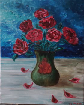 Zeitgenössisches Werk mit dem Titel « Roses dans un vase vert », Erstellt von KOZAR