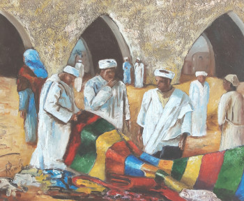 Zeitgenössisches Werk mit dem Titel « Marchand de tapis au Maroc 1 », Erstellt von PATRICK LEMIERE