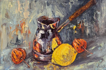 Zeitgenössisches Werk mit dem Titel « Cafetière avec citron et physalis », Erstellt von NADYA RIGAILL