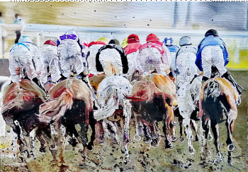 Zeitgenössisches Werk mit dem Titel « Jockeys Compete », Erstellt von ISABELLE GARCIA