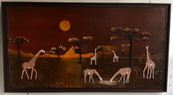 Zeitgenössisches Werk mit dem Titel « Girafes et Lune rousse ( Le Bivouac ) », Erstellt von FRANK