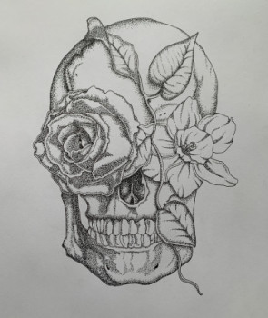 Zeitgenössisches Werk mit dem Titel « Skull x Flowers », Erstellt von MAEV_INK